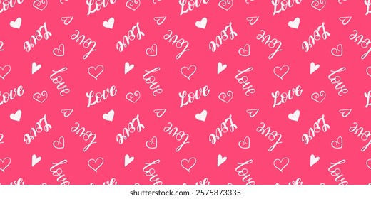 Hand drawn calligraphy lettering word Love with doodle hearts seamless pattern. Cute romantic pink endless background print. Valentine's day holiday backdrop texture, romantic banner, poster, cover