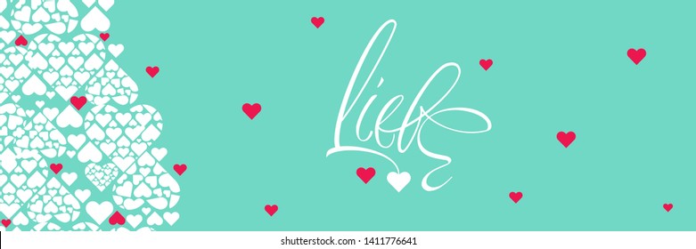 Hand drawn calligraphy "LIEBE"- mean LOVE, written in German, on turquoise background. Flat vector illustration for Valentine`s Day cards, invitations, greetings, wedding design, posters, prints, web.