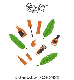 Hand drawn calligraphy Skin care and natural cosmetic collection of different products. Orange bottles and tubes with green palm leaves in flat style. Illustration isolated on white