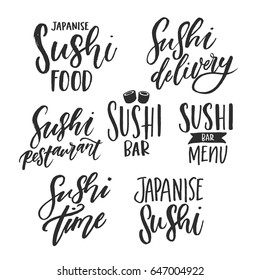 Hand drawn calligraphy sushi. roll japanese food with fish vector illustration 