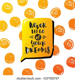 Hand drawn calligraphy. Template post card. concept handwritten motivation " never let go of your dreams"