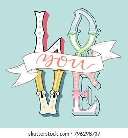 Hand drawn calligraphy text Love You for Valentines day, wedding, dating and other and other romantic events. Vector illustration