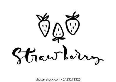 Hand drawn calligraphy text Strawberry and three outline doodle icons of strawberry. Vector sketch logo illustration of healthy berry - fresh raw strawberry for print, web, mobile and infographics