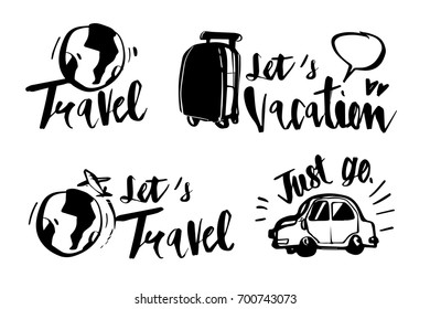 Hand drawn calligraphy Travel icons set. Handwritten lettering. illustration vector label design.