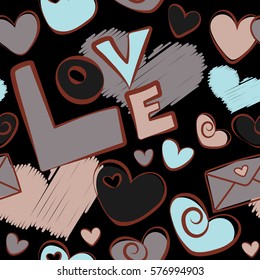 Hand drawn calligraphy wallpaper on a black background. Vector love lettering seamless pattern in brown and gray colors. Vector illustration. Doodle hearts, love text and letter.