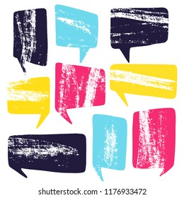 Hand drawn callout clouds. Speech bubbles various shapes and colors . Vector textured elements for designs.