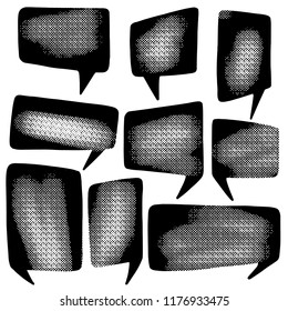 Hand drawn callout clouds various shapes for backdrops. Vector textured monochrome elements for designs.