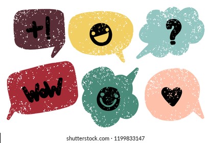 Hand drawn callout clouds with various marks inside for backdrops. Vector textured multi color elements for designs. Simple textured background elements.
