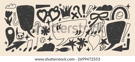 Hand drawn callouts doodles collage elements set. Pencil drawn speech bubbles with music note, crown, heart made by hand. Marker text boxes with inverted Spanish punctuation marks. Vector illustration