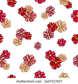 Flores de color rojo, amarillo, rosa y calmadas dibujadas a mano sobre fondo blanco. Patrón de resorte floral sin fisuras.