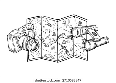 Cámara dibujada a mano y binoculares acostados en la ilustración aislada del Vector del mapa del pergamino turístico. Mapa con ruta y punto de destino, accesorios ópticos de observación de aves, dibujo de grabado. Para el turismo local.