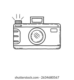 Hand drawn camera doodle icon white background isolated icon. Retro camera graphic sketch style