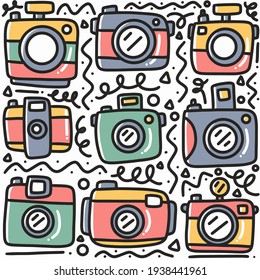 hand drawn camera doodle set with icons and design elements