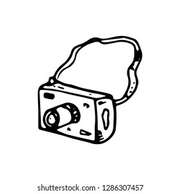 Hand Drawn camera doodle. Sketch style icon. Decoration element. Isolated on white background. Flat design. Vector illustration.