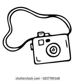 Hand drawn camera in doodle style. Take photos, snapshots from the vacation. Black contours isolated on a white background. Cartoon style camera, shooting equipment. Vector Stock illustration.