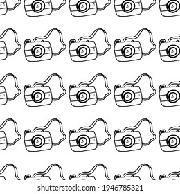 Hand drawn camera icon black. on white background. vector Illustrator. Seamless pattern.