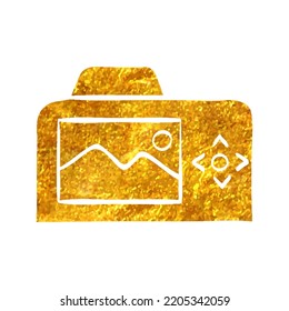 Hand drawn Camera icon in gold foil texture vector illustration