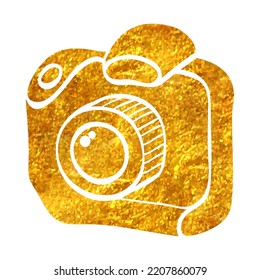 Hand Drawn Camera Icon In Gold Foil Texture Vector Illustration