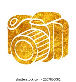 Hand Drawn Camera Icon In Gold Foil Texture Vector Illustration