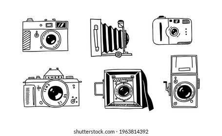 Hand drawn camera. Photography retro dslr professional cameras. Set of retro minimal photo tools in vector