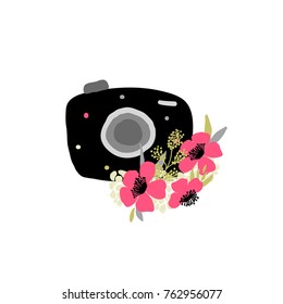 Hand drawn camera for print, card, textile. Funny photo camera with flowers.