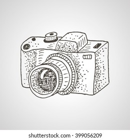 Hand drawn camera. Sketch style