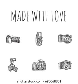 Hand Drawn Camera Sketches Set. Collection Of Flash, Without Lens, Camera And Other Sketch Elements.
