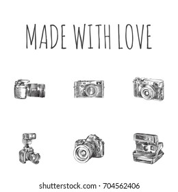 Hand Drawn Camera Sketches Set. Collection Of Flash, Objective, Dslr Perspective And Other Sketch Elements.