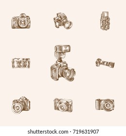 Hand Drawn Camera Sketches Set. Collection Of Dslr Perspective, Flash, Dslr And Other Sketch Elements.