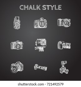 Hand Drawn Camera Sketches Set. Collection Of Video, Dslr, Flash And Other Sketch Elements.