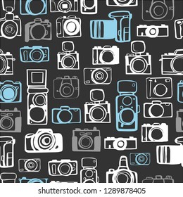 Hand drawn cameras.  Vector  seamless pattern