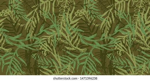 Hand drawn camo with leaf, seamless pattern. Grunge branches and herbs green camouflage background. Distressed texture wallpaper. Fabric design. Ink vector 