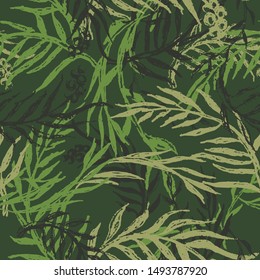 Hand drawn camo with leaf, seamless pattern. Grunge branches and herbs green camouflage background. Distressed texture wallpaper. Fabric design. Ink vector 