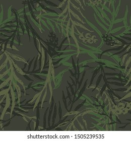 Hand drawn camo with leaf, seamless pattern. Grunge branches and herbs green camouflage background. Distressed texture wallpaper. Fabric design. Ink vector 
