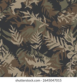 Camuflaje dibujado a mano con hoja, patrón sin costuras. Grunge ramas y hierbas de camuflaje verde caqui de fondo. Fondo de pantalla de textura afligido. Diseño de la tela. Vector de tinta