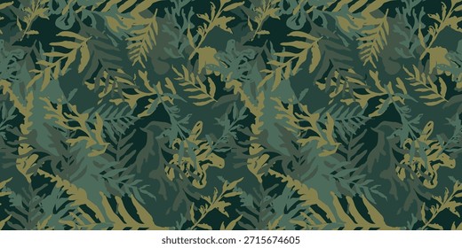 Handgezeichnete Camo mit Blatt, nahtloses Muster. Grunge Zweige und Kräuter grüne khaki Camouflage. Bildschirmhintergrund für ungünstige Textur. Vektorhintergrund
