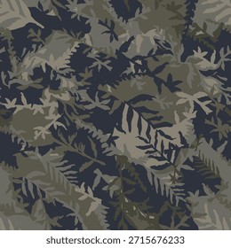 Camuflaje dibujado a mano con hoja, patrón sin costuras. Grunge ramas y hierbas de camuflaje verde caqui de fondo. Fondo de pantalla de textura afligido. Diseño de la tela. Vector de tinta