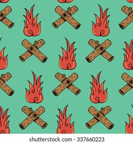 Hand Drawn Camp Fire Illustration Pattern on Green Background - Camping and Outdoor or Mountain Adventure Doodle Color Pattern - Hand Drawn Vector Illustration