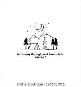 Hand Drawn Camp de noche en la estética de la silueta de montaña