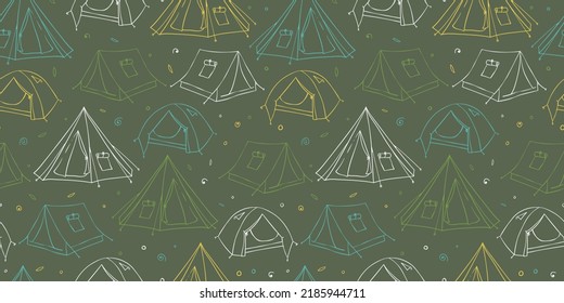 Hand drawn camp tents seamless pattern, outdoor, great for textiles, banners, wallpapers - vector design