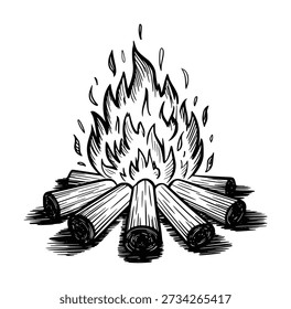 Hand Drawn Campfire with Burning Logs and Flames