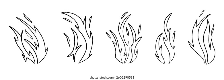 Hand drawn campfire with doodle flames. Retro fire outline and smoke silhouette. Flat vector illustration isolated on white background.
