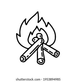 Hand Drawn Campfire In Doodle Style Isolated On White Background. Outline Vector Sketch Illustration. Design For Print, Web, Mobile, Infographics