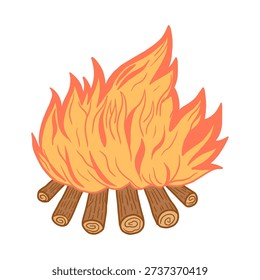 Hand drawn campfire illustration with burning wood logs. Campfire or bonfire burning for cozy winter designs
