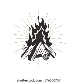 Hand drawn campfire illustration. Sunbursts included. Outdoor camping themed print for t-shirt, vector isolated on white background. Letterpress old style..