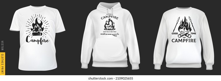 Hand drawn campfire print. Set realistic t-shirt, sweatshirt, hoodie base cloth isolated on simple background. Mockup for branding man or woman fashion. Design casual template. 3d vector illustration.