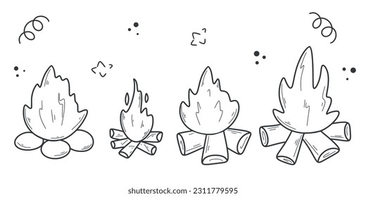Juego de hogueras dibujado a mano. Acampada con fuego de hoguera, estilo de boceto con doodle de tinta. Fuego quemado con leña, ilustración vectorial