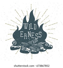 Hand Drawn Campfire With Vintage Sunburst. Vector Illustration