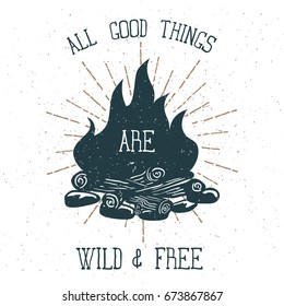 Hand Drawn Campfire with Vintage Sunburst. Vector illustration