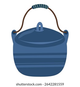 Hand drawn camping blue cooking pot with handle and lid vector illustration